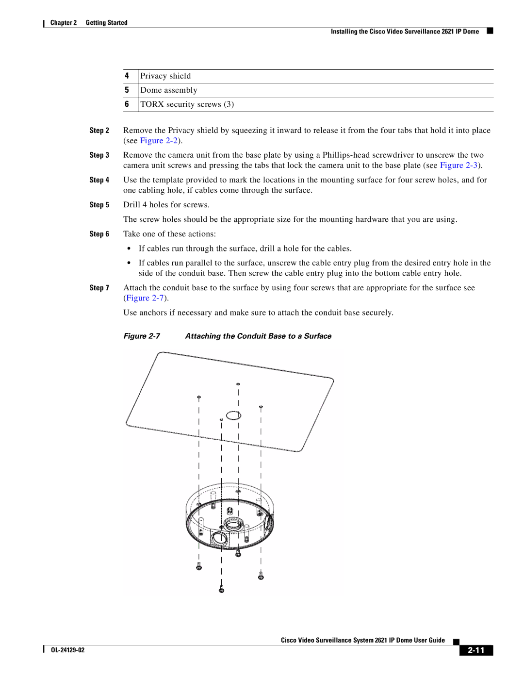 Cisco Systems CIVS-IPC-2621V manual Attaching the Conduit Base to a Surface 