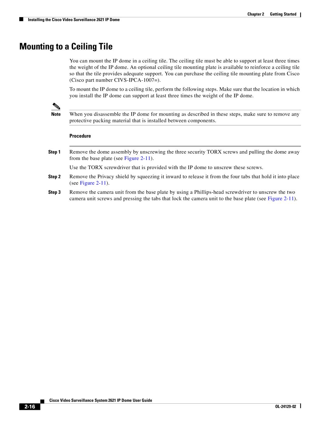 Cisco Systems CIVS-IPC-2621V manual Mounting to a Ceiling Tile, Procedure 