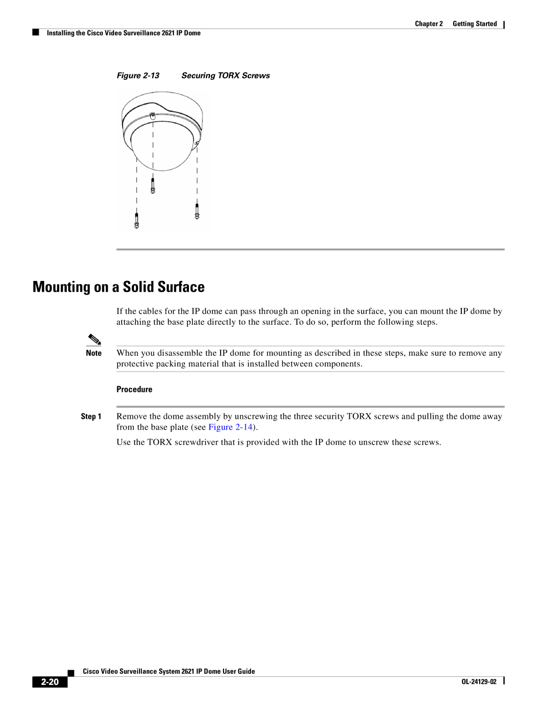 Cisco Systems CIVS-IPC-2621V manual Mounting on a Solid Surface, Securing Torx Screws 