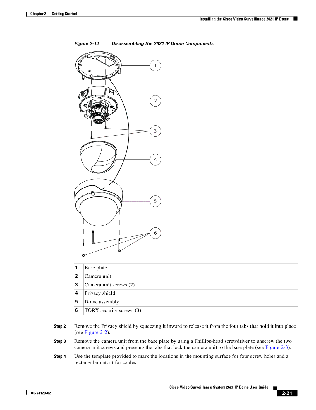 Cisco Systems CIVS-IPC-2621V manual Disassembling the 2621 IP Dome Components 