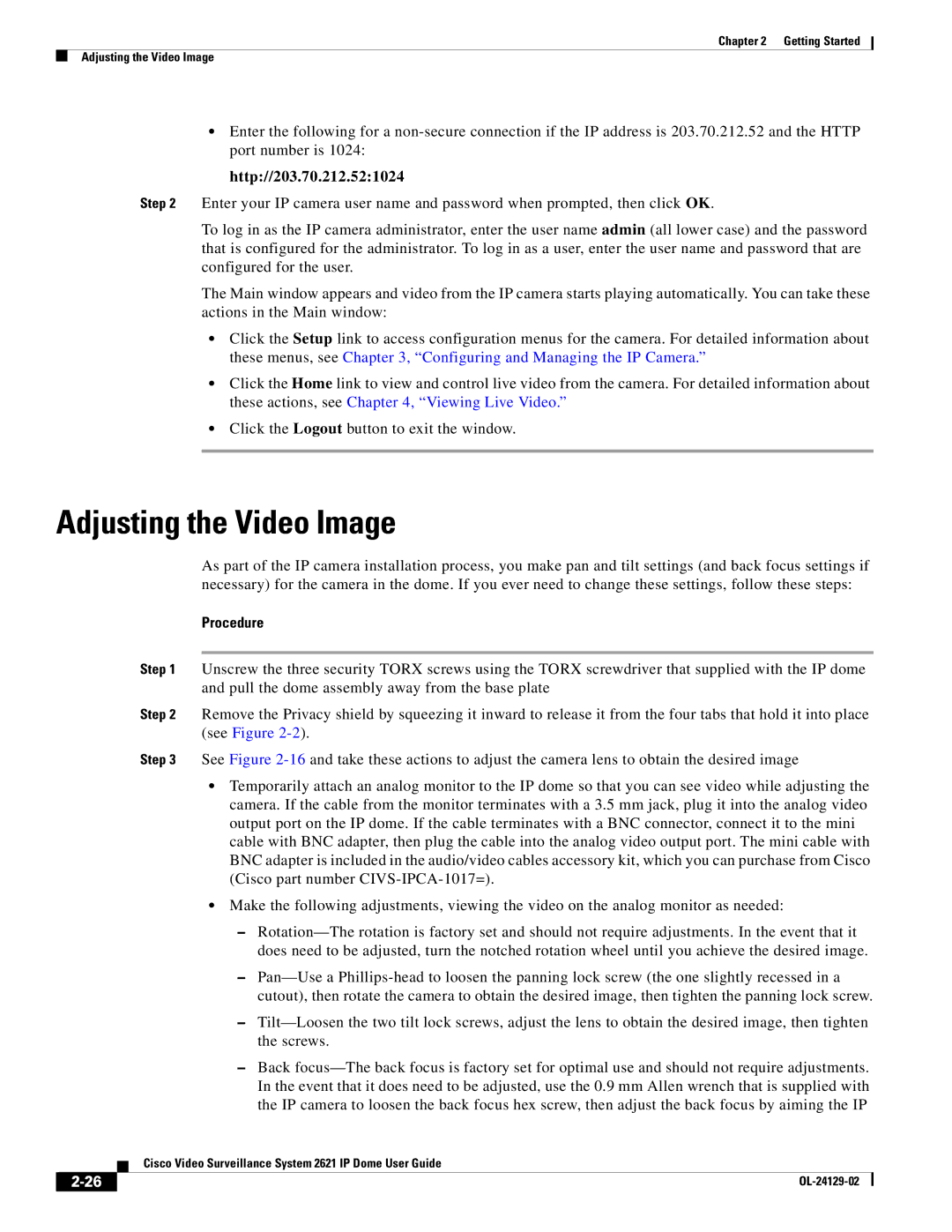 Cisco Systems CIVS-IPC-2621V manual Adjusting the Video Image, Http//203.70.212.521024 