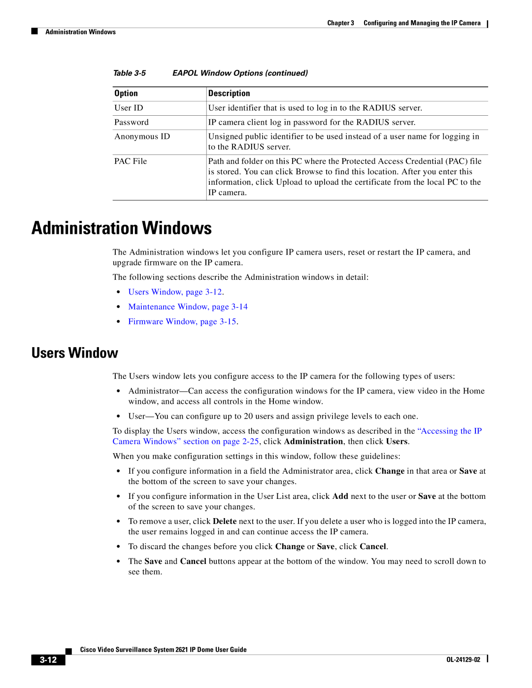 Cisco Systems CIVS-IPC-2621V manual Administration Windows, Users Window, Maintenance Window, Firmware Window 