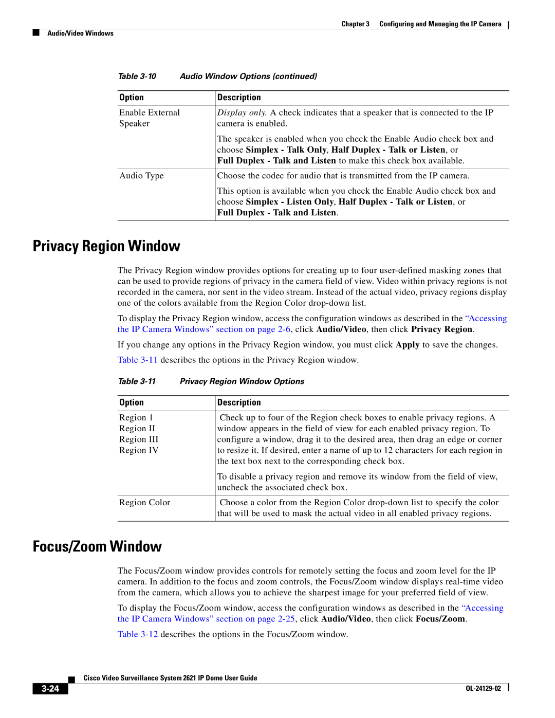 Cisco Systems CIVS-IPC-2621V manual Privacy Region Window, Focus/Zoom Window, Full Duplex Talk and Listen 