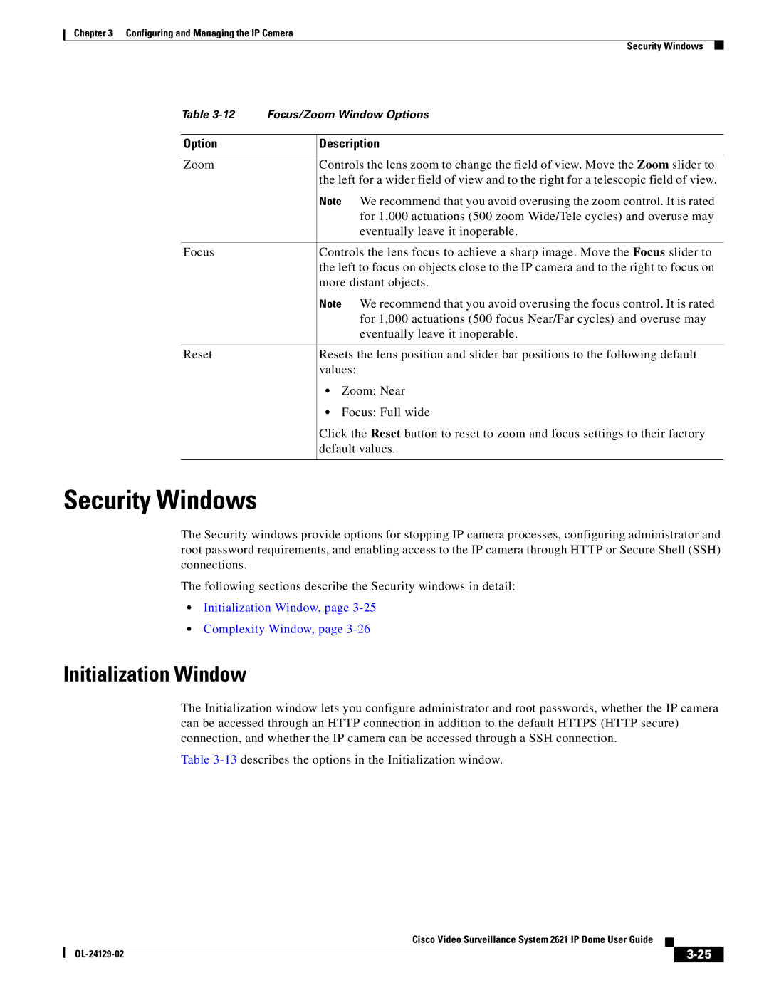 Cisco Systems CIVS-IPC-2621V manual Security Windows, Initialization Window, Complexity Window 