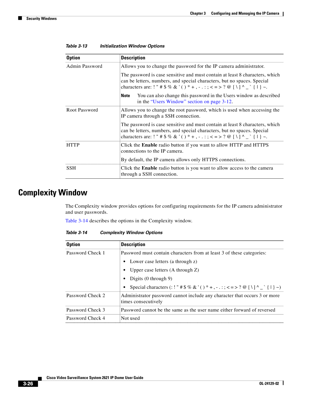 Cisco Systems CIVS-IPC-2621V manual Complexity Window, Users Window section on 