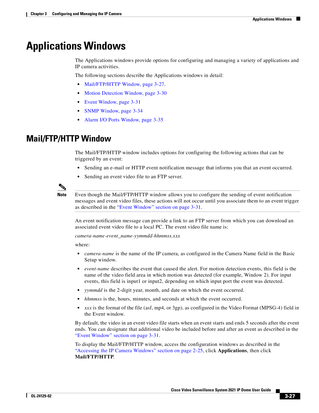 Cisco Systems CIVS-IPC-2621V manual Applications Windows, Mail/FTP/HTTP Window 