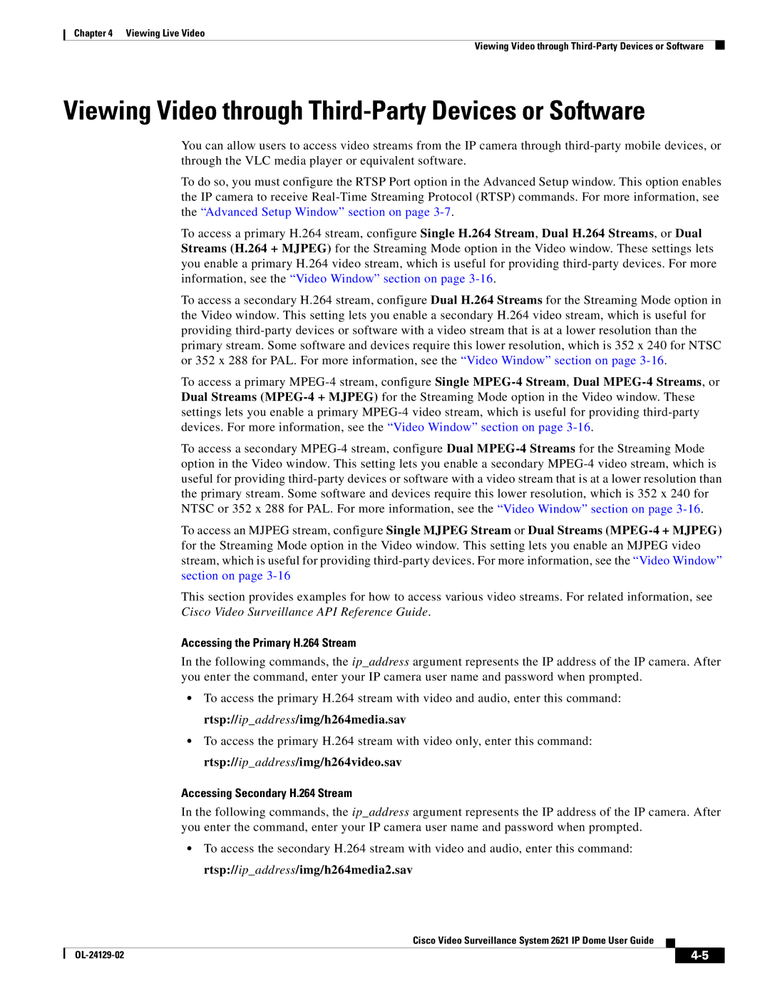 Cisco Systems CIVS-IPC-2621V Viewing Video through Third-Party Devices or Software, Accessing the Primary H.264 Stream 