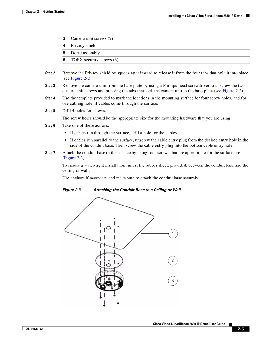 Cisco Systems CIVS-IPC-2630V manual Attaching the Conduit Base to a Ceiling or Wall 