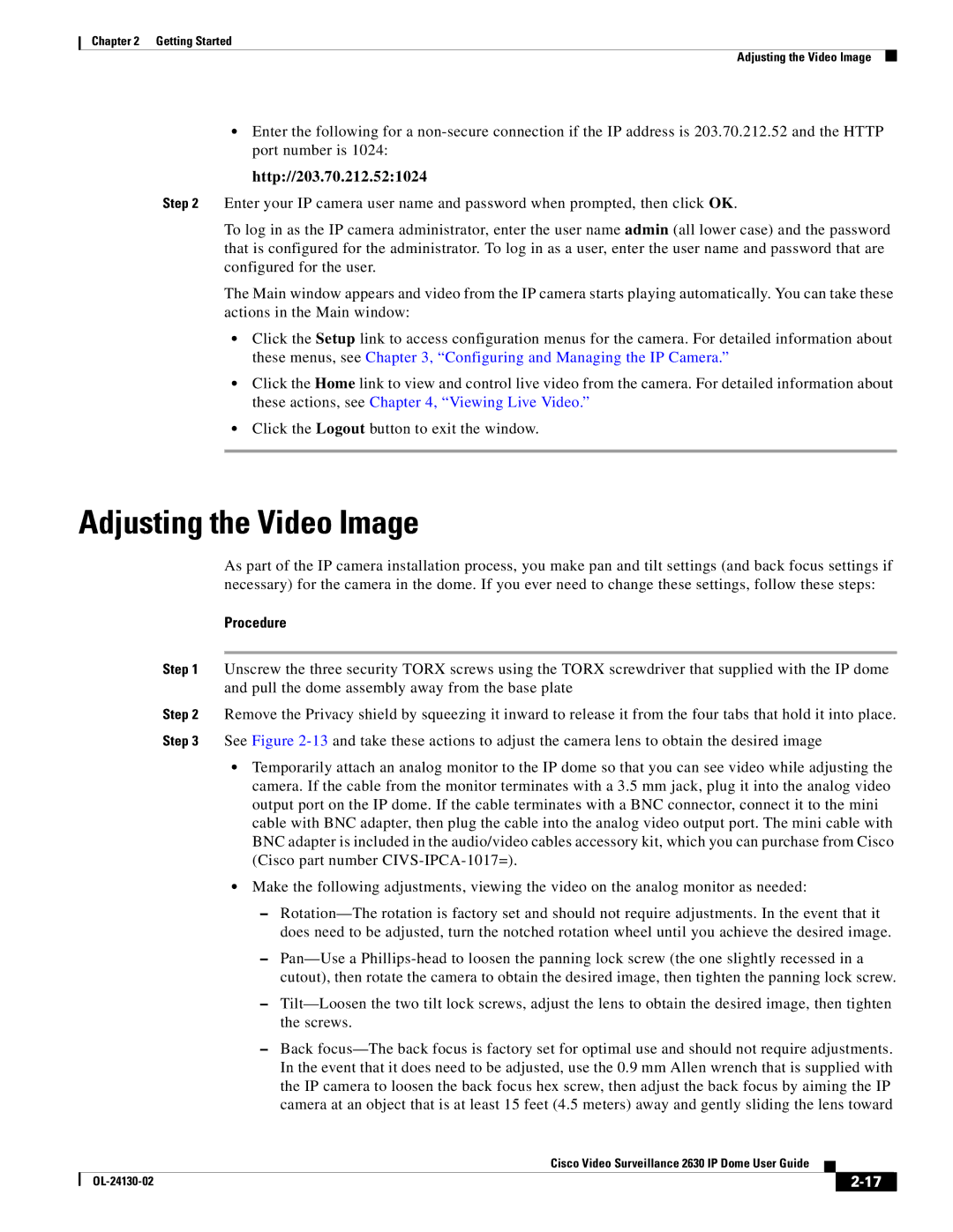 Cisco Systems CIVS-IPC-2630V manual Adjusting the Video Image, Http//203.70.212.521024 