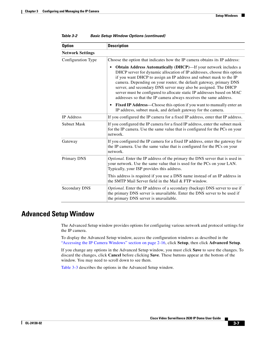 Cisco Systems CIVS-IPC-2630V manual Advanced Setup Window, Network Settings 