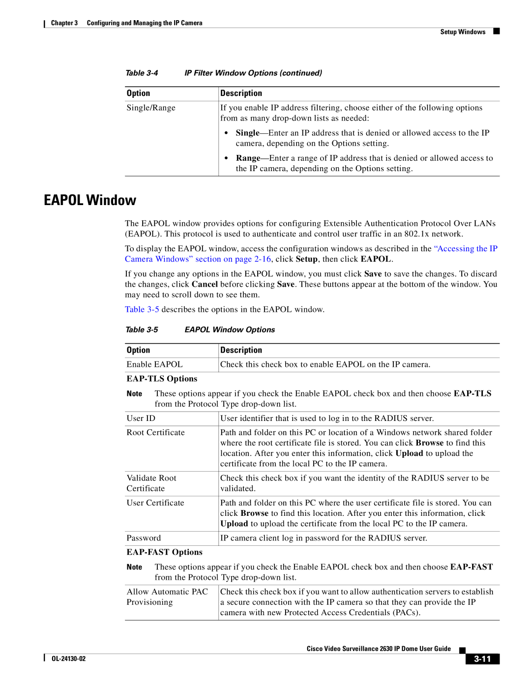 Cisco Systems CIVS-IPC-2630V manual Eapol Window, EAP-TLS Options, EAP-FAST Options 