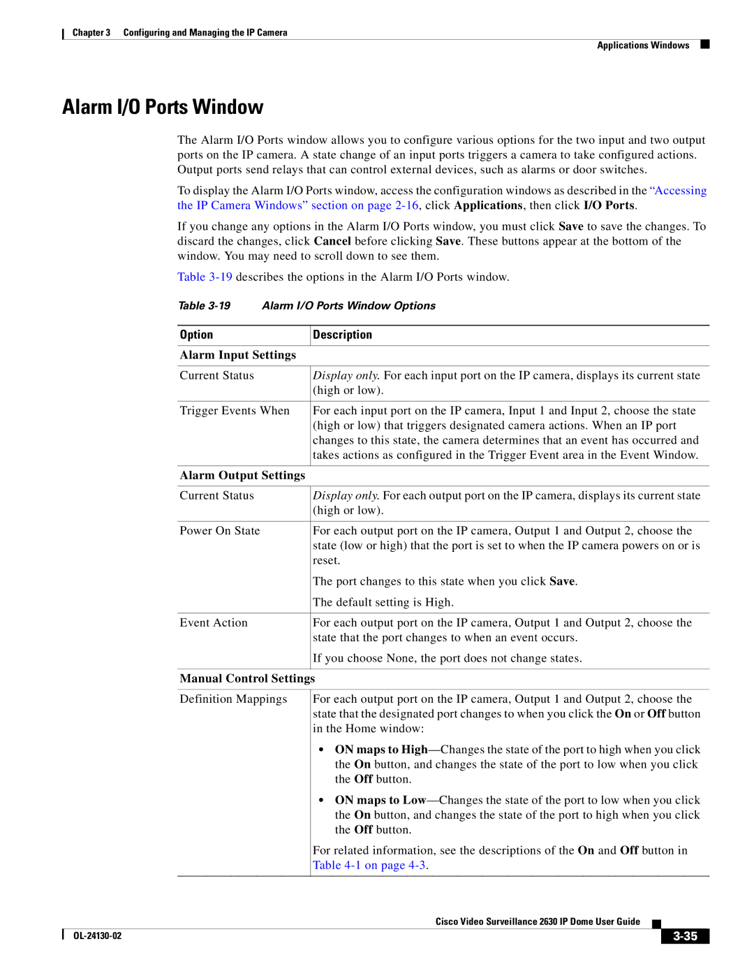 Cisco Systems CIVS-IPC-2630V Alarm I/O Ports Window, Alarm Input Settings, Alarm Output Settings, Manual Control Settings 