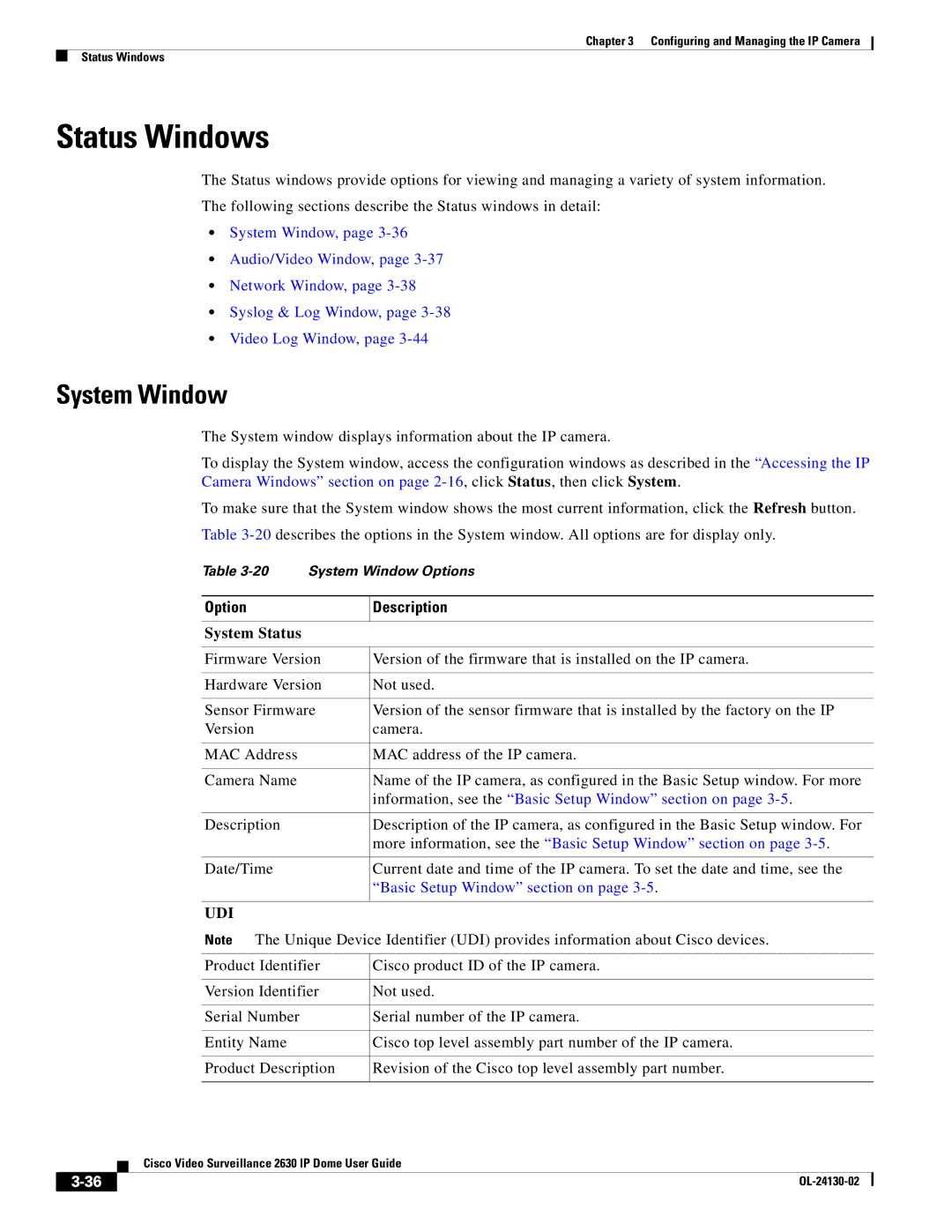 Cisco Systems CIVS-IPC-2630V manual Status Windows, System Window, System Status 