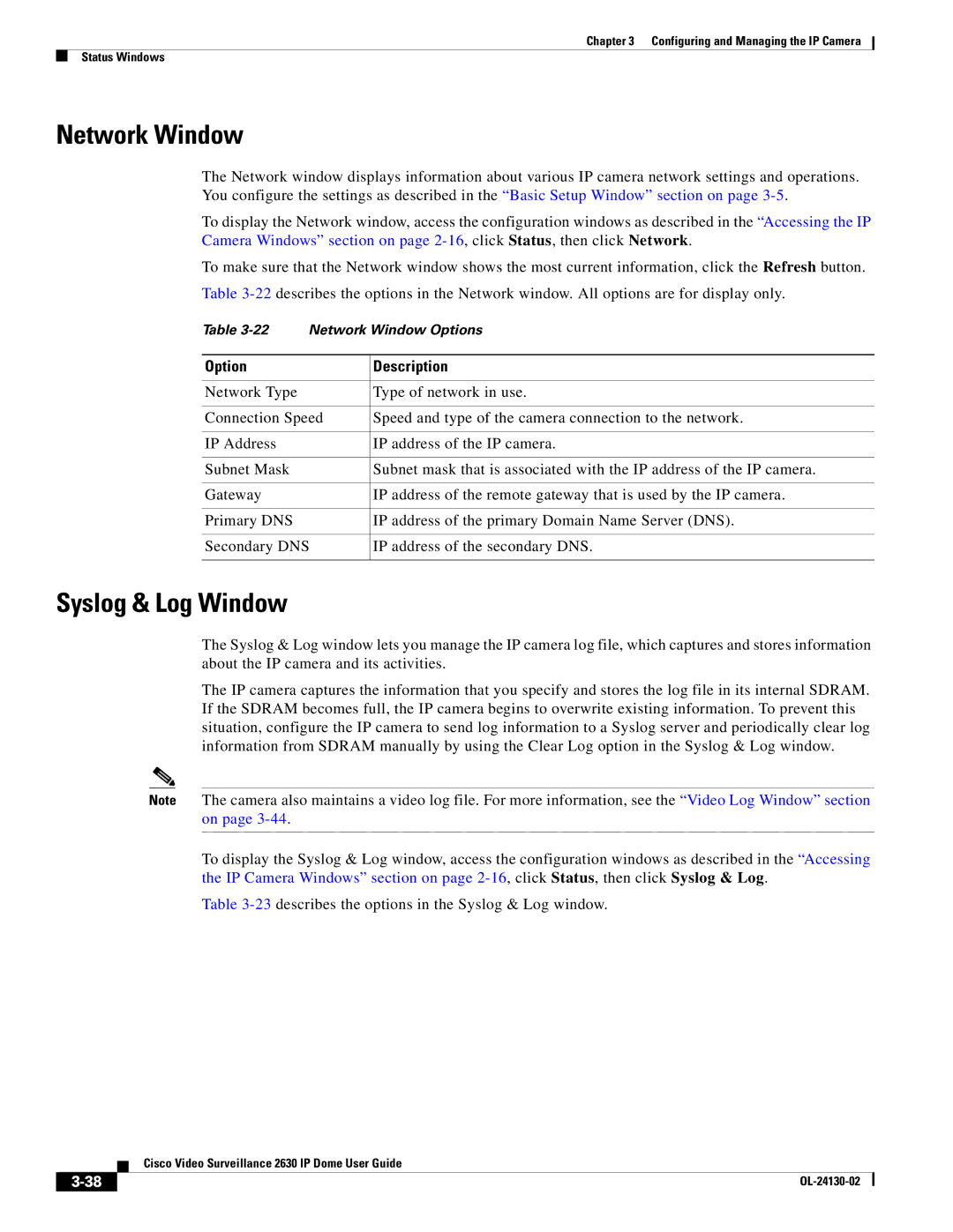 Cisco Systems CIVS-IPC-2630V manual Network Window, Syslog & Log Window 