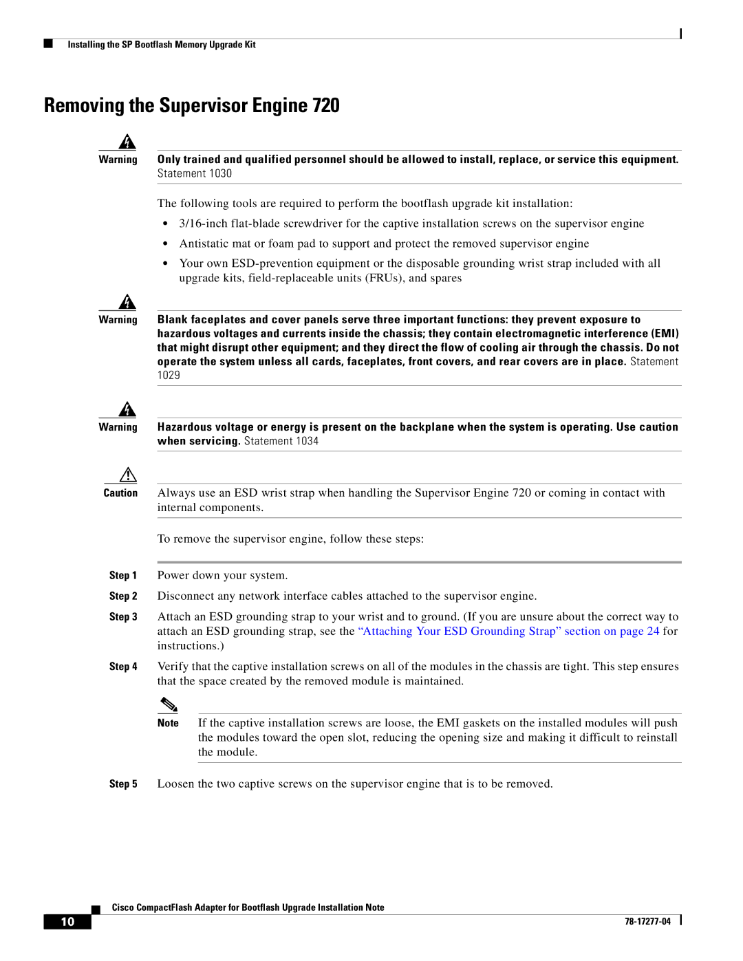 Cisco Systems CompactFlash Adapter manual Removing the Supervisor Engine, Statement 