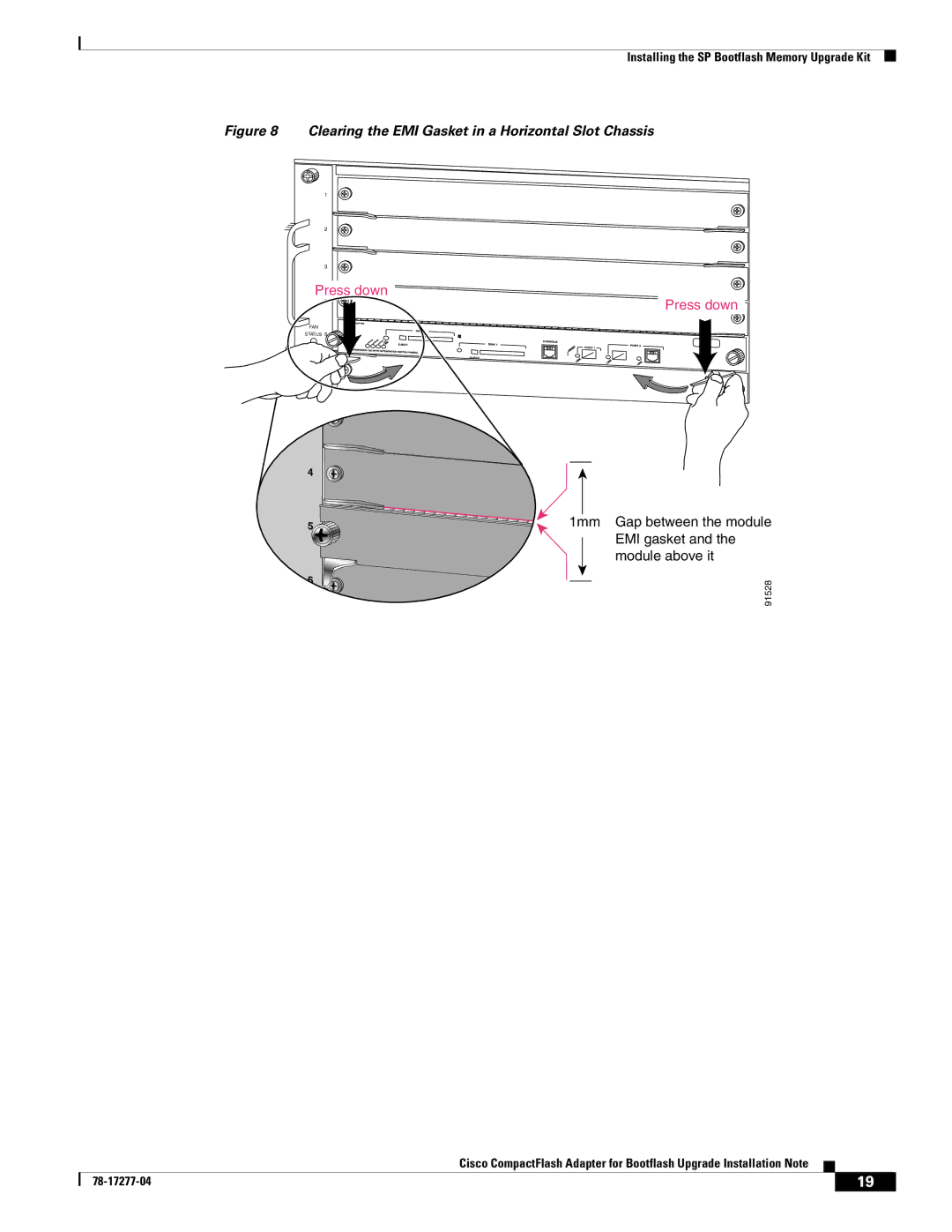 Cisco Systems CompactFlash Adapter manual Clearing the EMI Gasket in a Horizontal Slot Chassis 