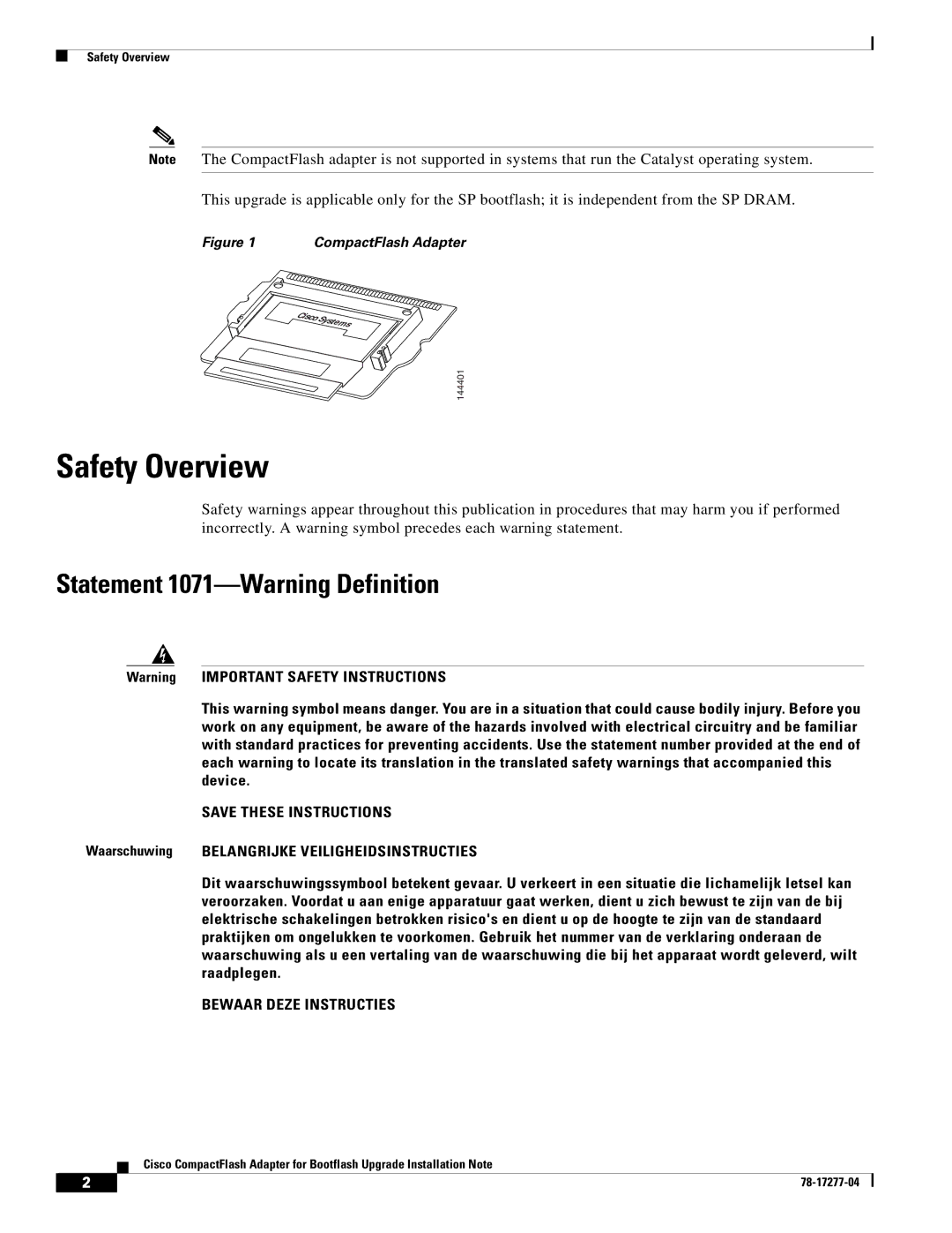 Cisco Systems CompactFlash Adapter manual Safety Overview, Statement 1071-Warning Definition 