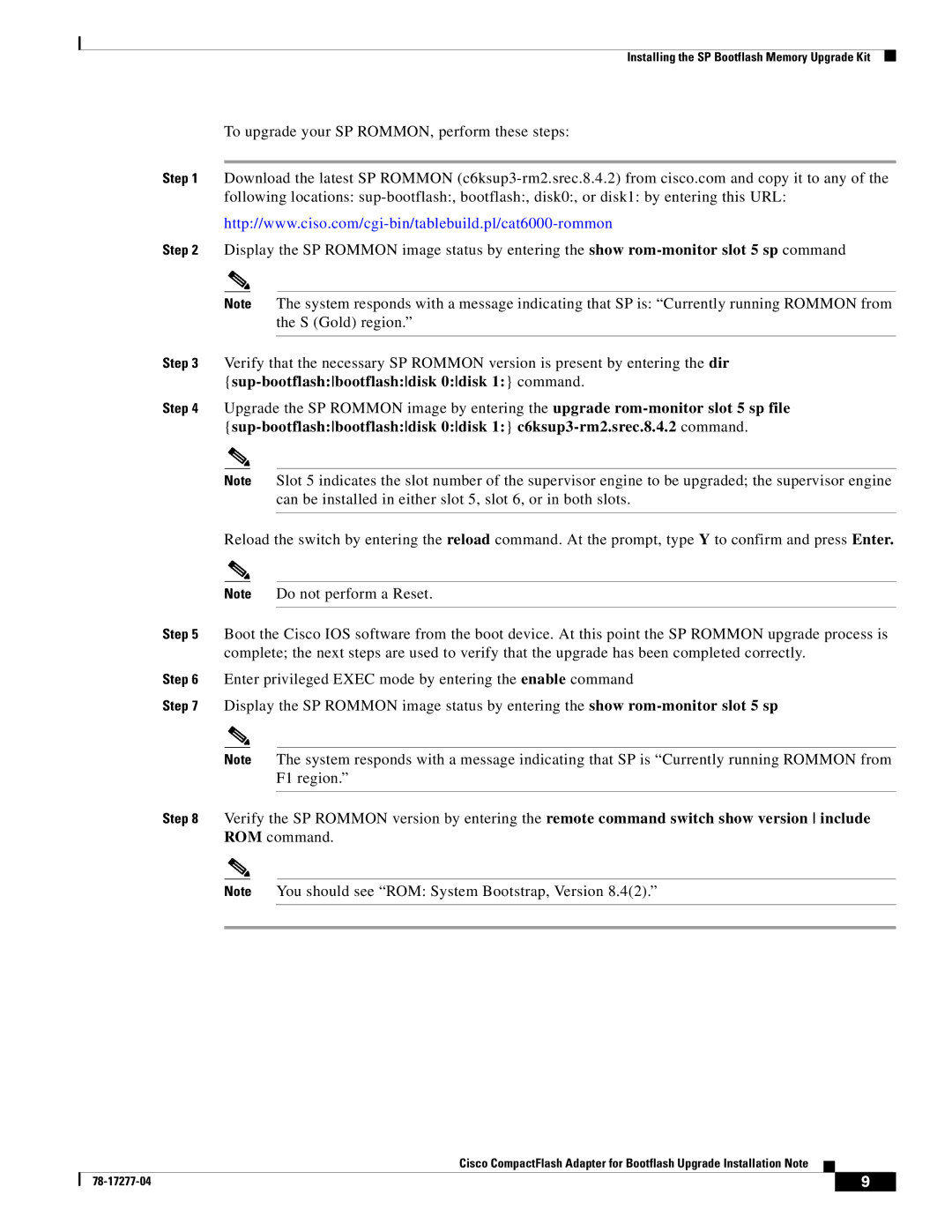 Cisco Systems CompactFlash Adapter manual Installing the SP Bootflash Memory Upgrade Kit 