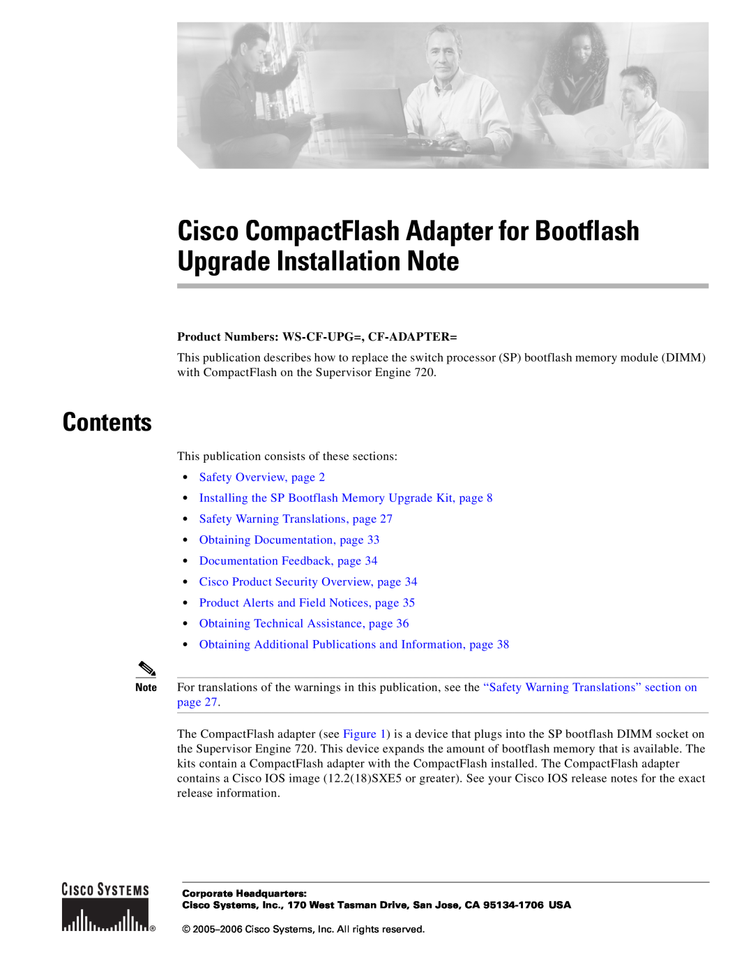 Cisco Systems CompactFlash Adapter manual Contents, Product Numbers WS-CF-UPG=, CF-ADAPTER=, Safety Overview, page 