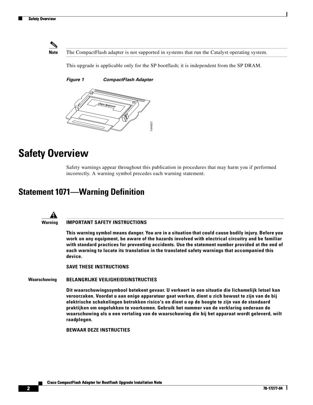 Cisco Systems CompactFlash Adapter manual Safety Overview, Statement 1071-Warning Definition 