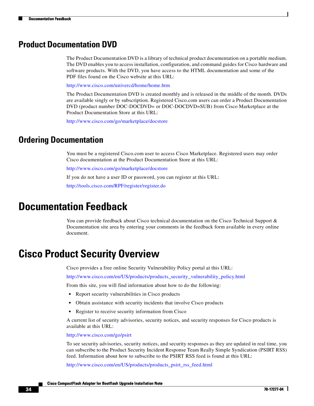 Cisco Systems CompactFlash Adapter Documentation Feedback, Cisco Product Security Overview, Product Documentation DVD 