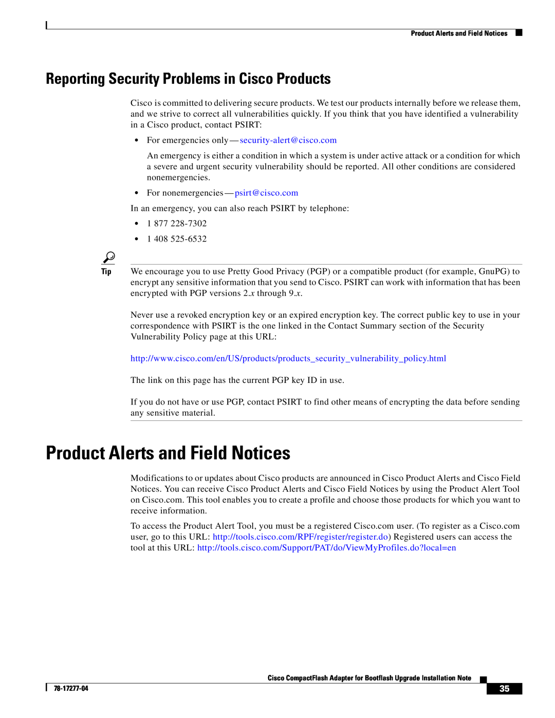 Cisco Systems CompactFlash Adapter manual Product Alerts and Field Notices, Reporting Security Problems in Cisco Products 