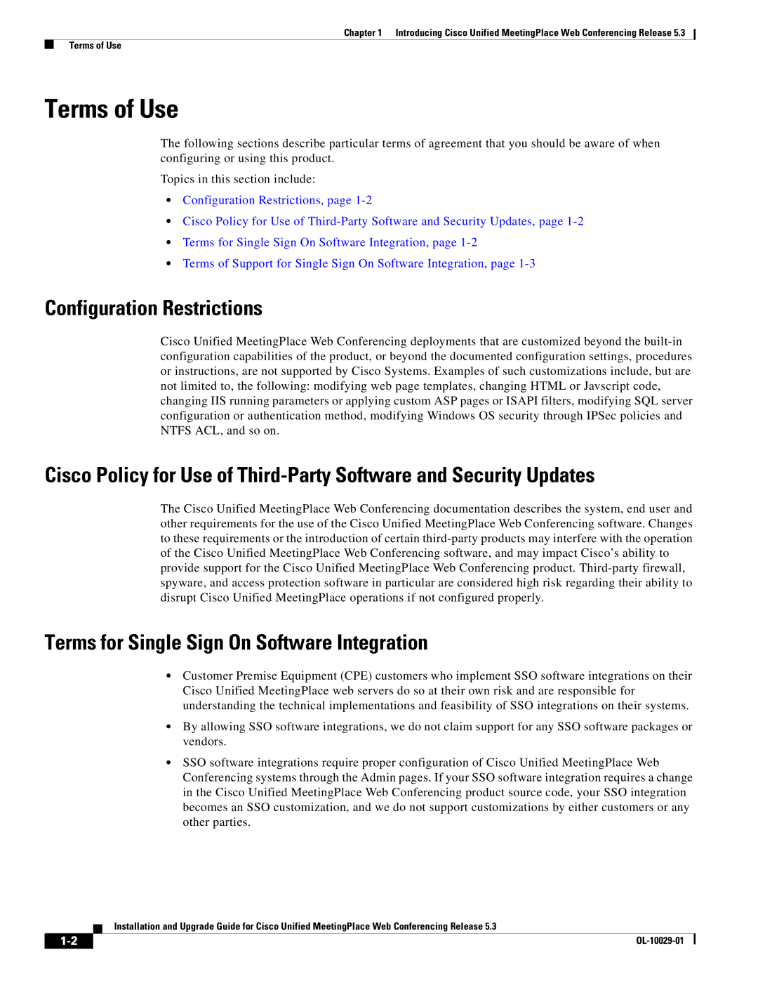 Cisco Systems Conference Phone manual Configuration Restrictions, Terms for Single Sign On Software Integration 