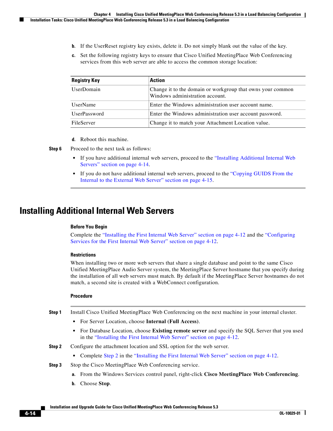 Cisco Systems Conference Phone manual Installing Additional Internal Web Servers, Registry Key Action 