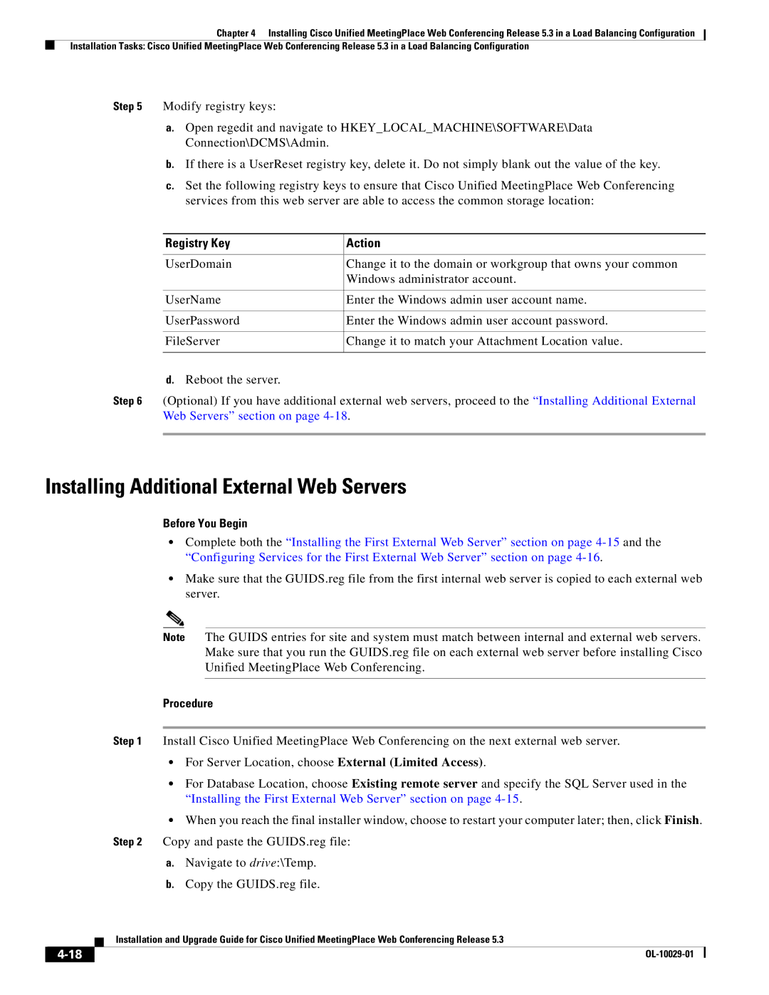 Cisco Systems Conference Phone manual Installing Additional External Web Servers, Registry Key Action 