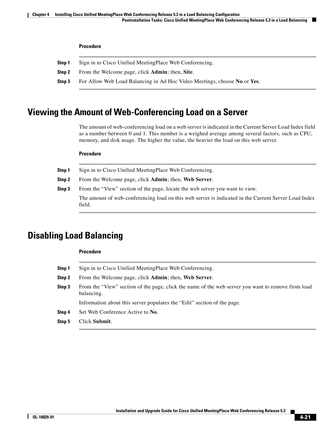 Cisco Systems Conference Phone manual Viewing the Amount of Web-Conferencing Load on a Server, Disabling Load Balancing 