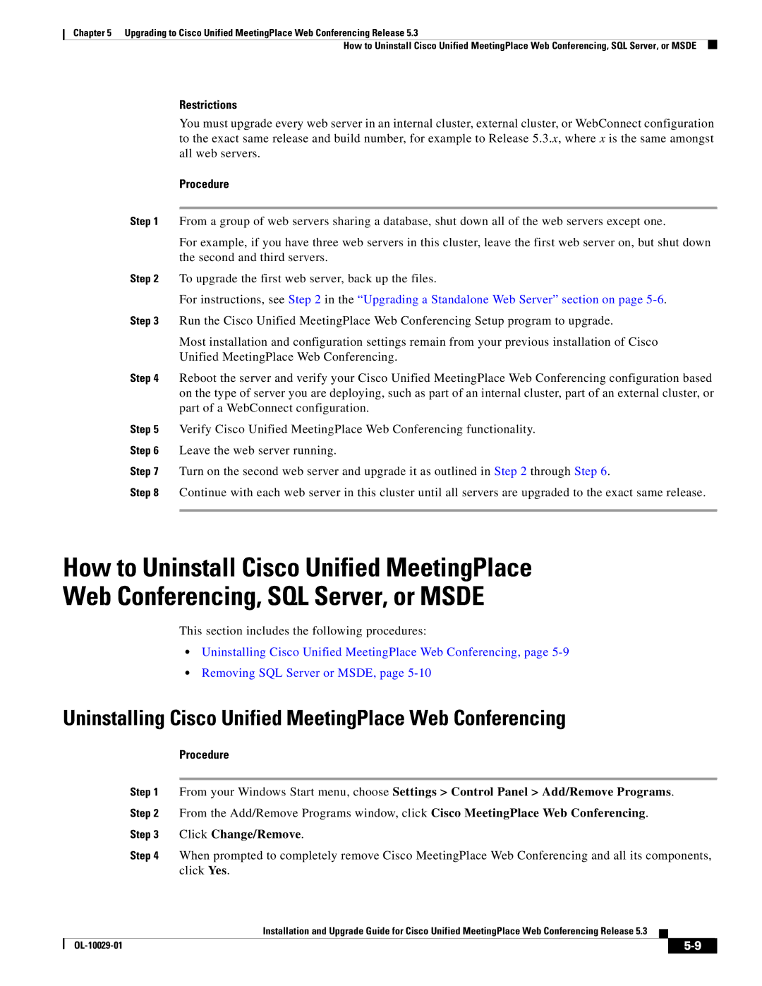 Cisco Systems Conference Phone manual Uninstalling Cisco Unified MeetingPlace Web Conferencing, Click Change/Remove 