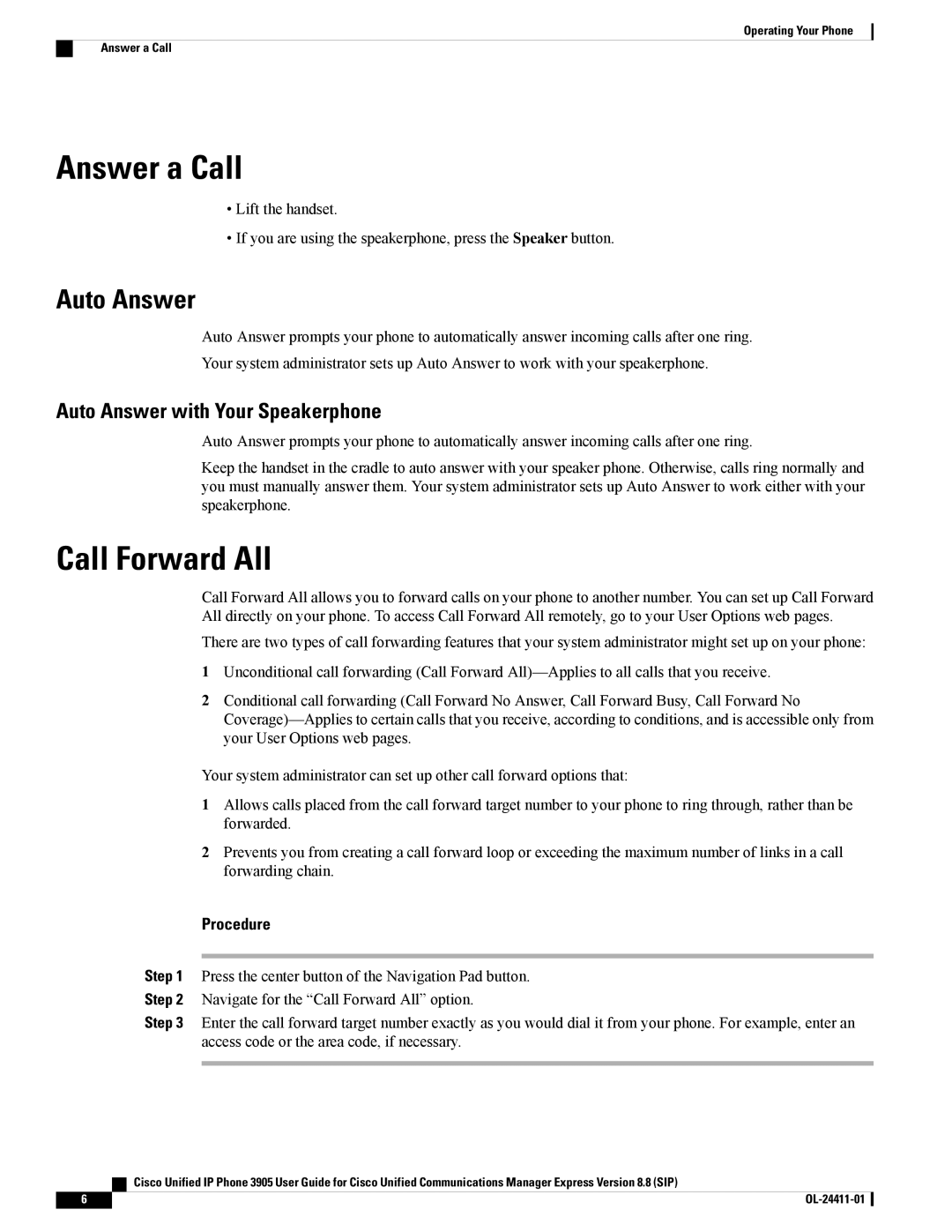 Cisco Systems CP3905BE manual Answer a Call, Call Forward All, Auto Answer 