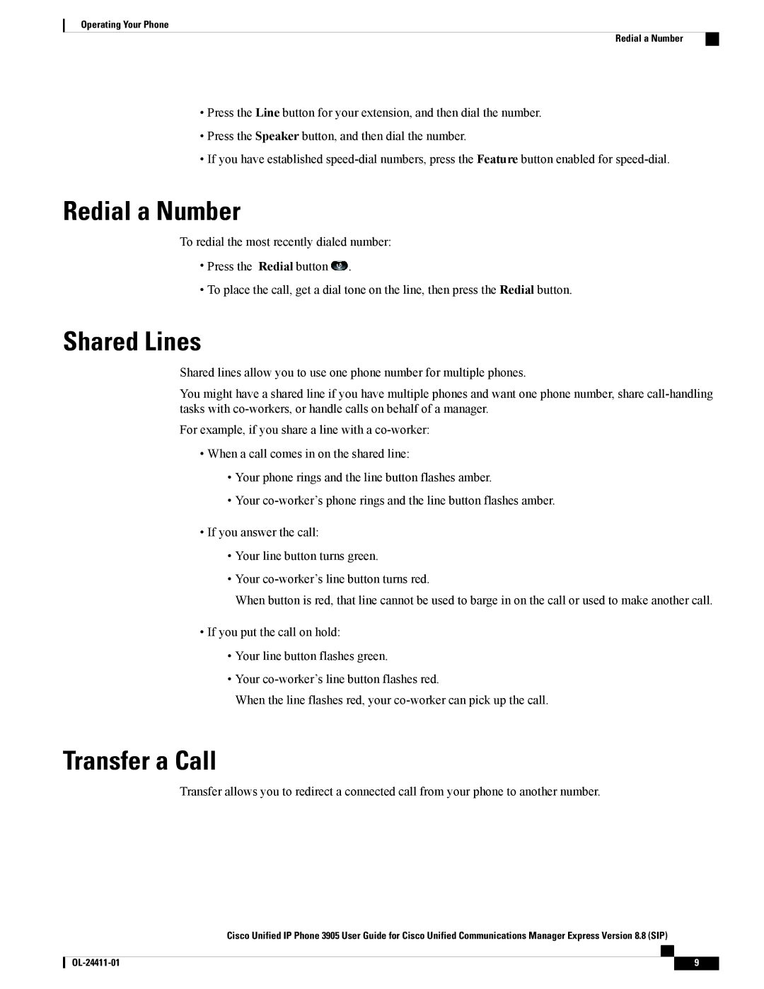 Cisco Systems CP3905BE manual Redial a Number, Shared Lines, Transfer a Call 