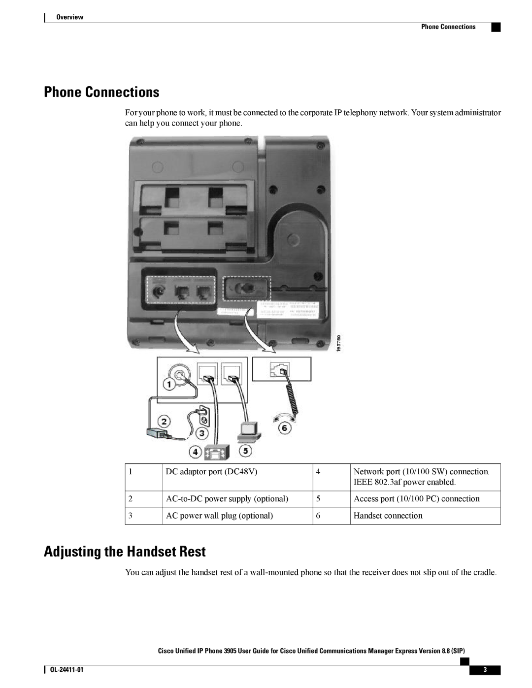 Cisco Systems CP3905BE manual Phone Connections, Adjusting the Handset Rest 