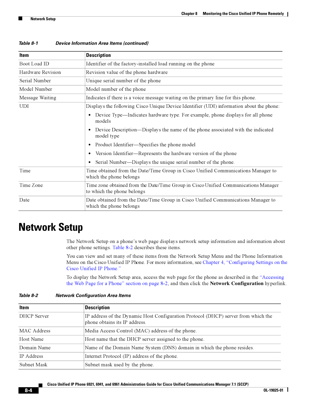 Cisco Systems CP6921CK9 manual Network Setup, Cisco Unified IP Phone 