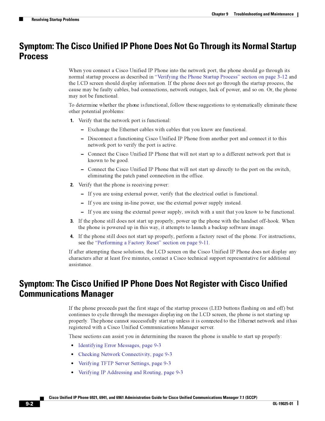 Cisco Systems CP6921CK9 manual Troubleshooting and Maintenance Resolving Startup Problems 