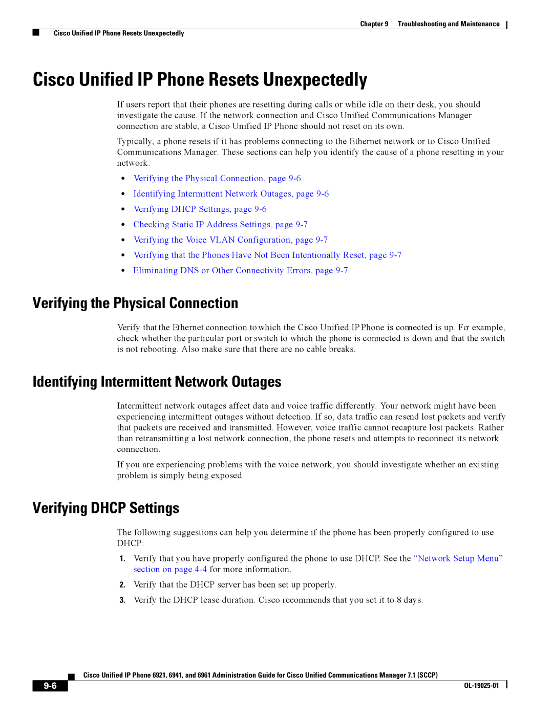 Cisco Systems CP6921CK9 manual Cisco Unified IP Phone Resets Unexpectedly, Verifying the Physical Connection 