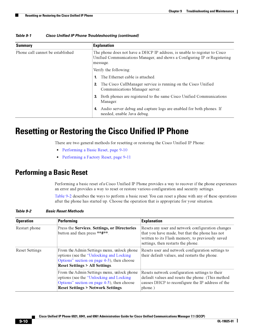 Cisco Systems CP6921CK9 manual Resetting or Restoring the Cisco Unified IP Phone, Performing a Basic Reset 