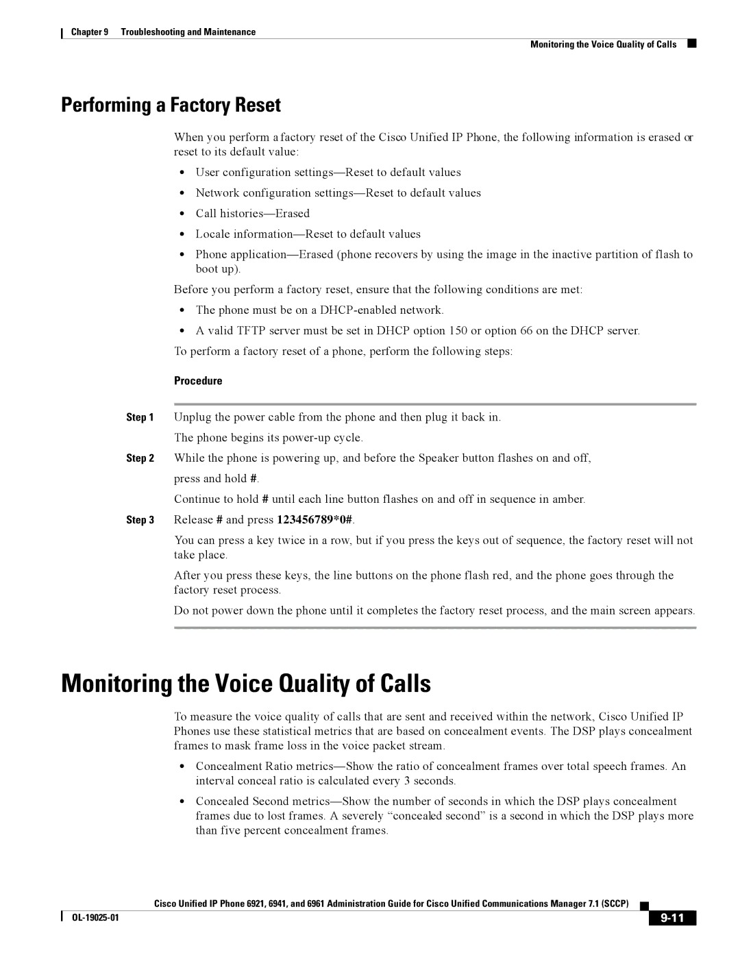 Cisco Systems CP6921CK9 manual Monitoring the Voice Quality of Calls, Performing a Factory Reset 