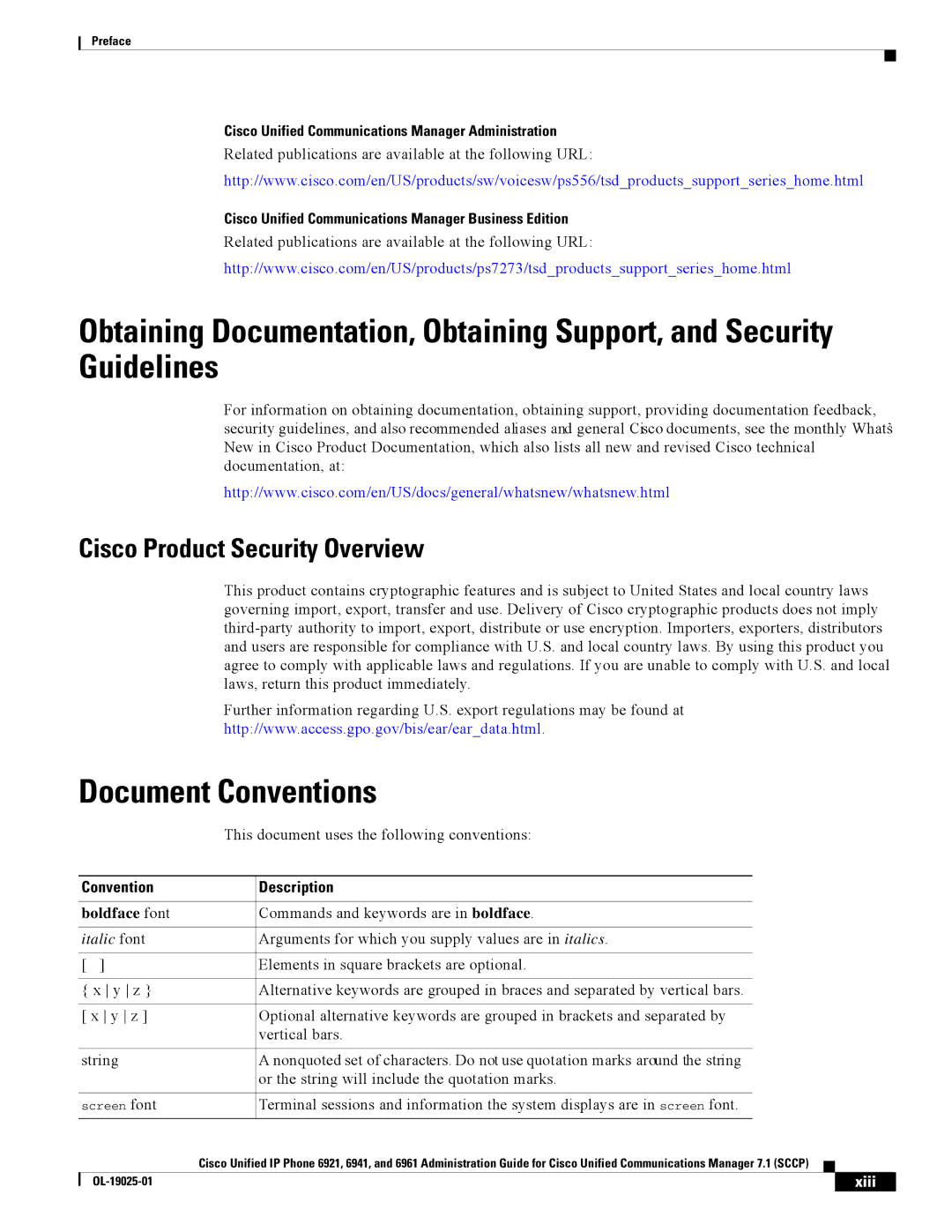 Cisco Systems CP6921CK9 manual Document Conventions, Cisco Product Security Overview, Convention Description, Boldface font 