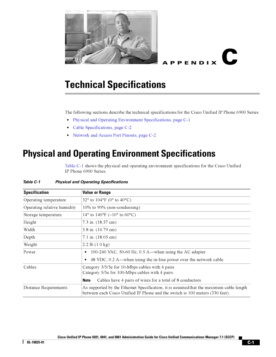 Cisco Systems CP6921CK9 manual Physical and Operating Environment Specifications, Specification Value or Range 