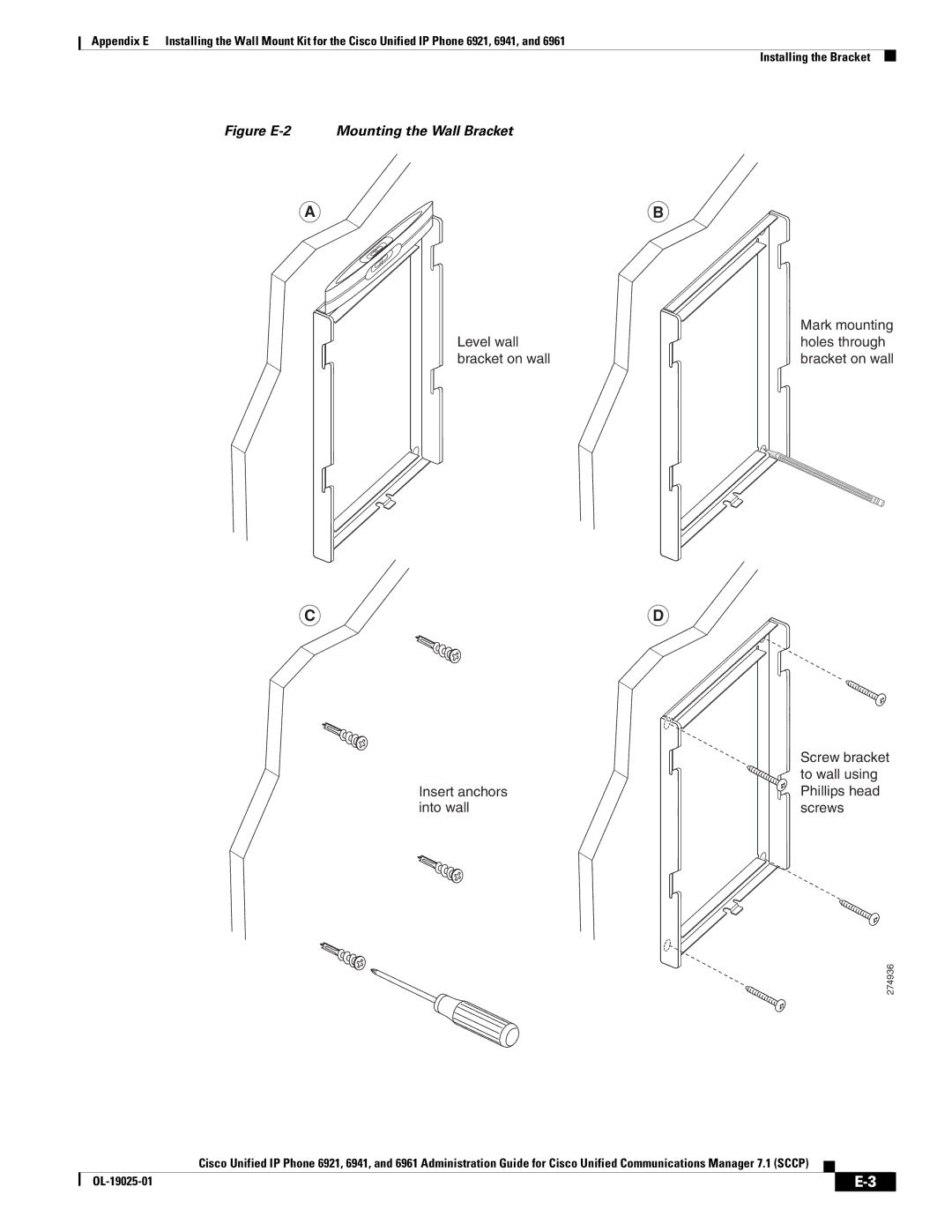 Cisco Systems CP6921CK9 manual Figure E-2 Mounting the Wall Bracket 