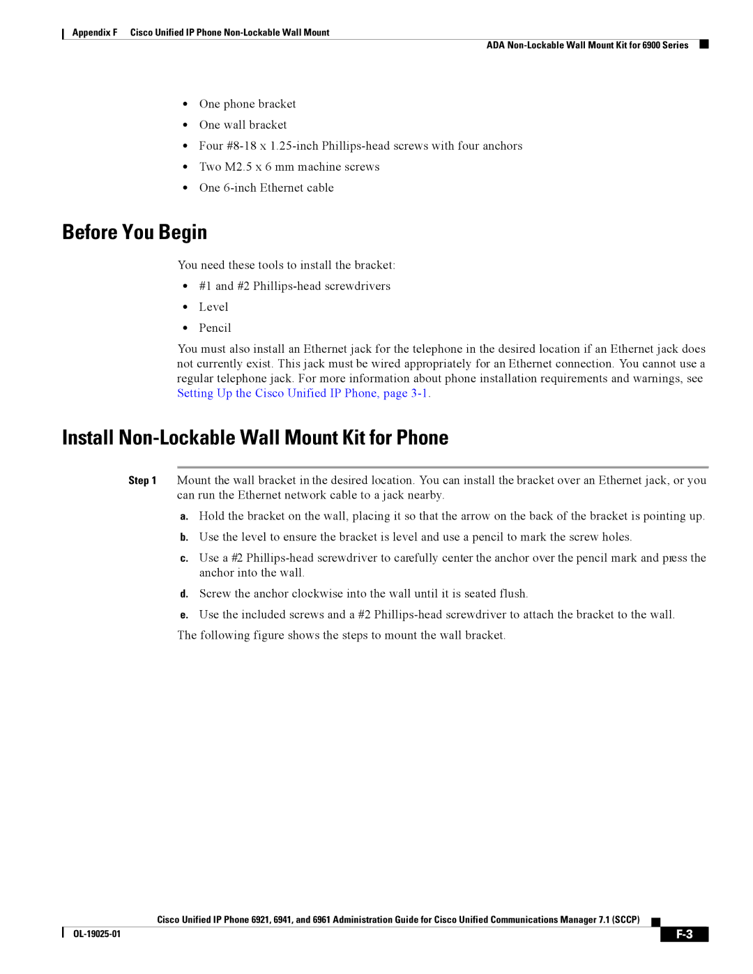 Cisco Systems CP6921CK9 manual Before You Begin, Install Non-Lockable Wall Mount Kit for Phone 