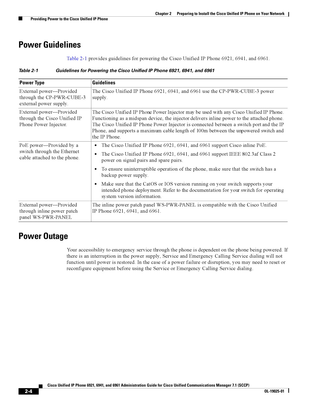 Cisco Systems CP6921CK9 manual Power Guidelines, Power Outage, Power Type Guidelines 