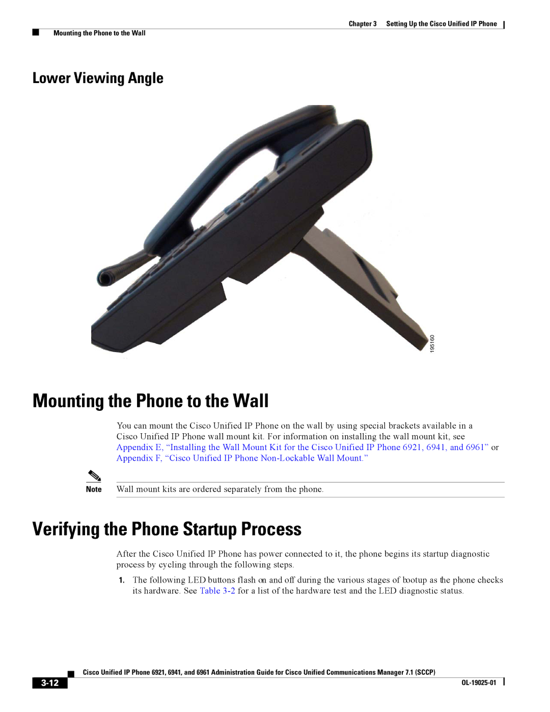 Cisco Systems CP6921CK9 manual Mounting the Phone to the Wall, Verifying the Phone Startup Process, Lower Viewing Angle 