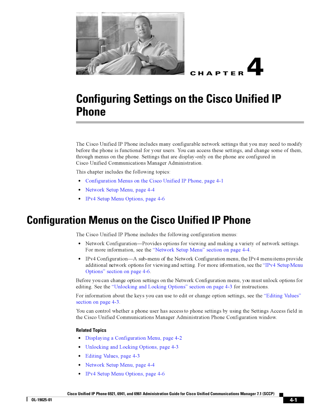 Cisco Systems CP6921CK9 manual Configuration Menus on the Cisco Unified IP Phone 