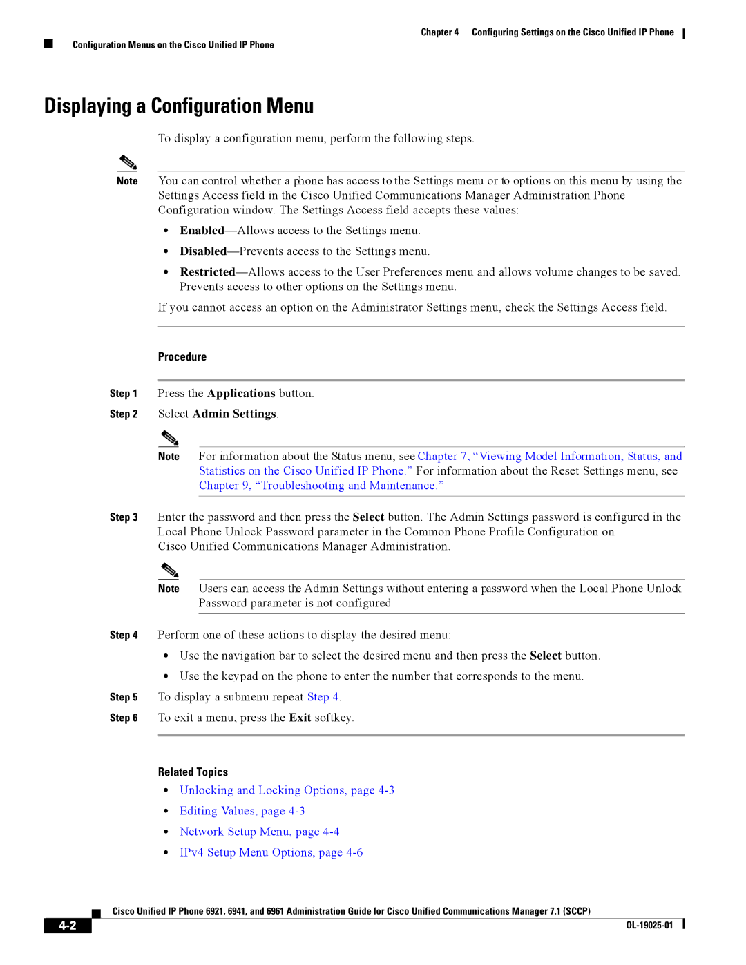 Cisco Systems CP6921CK9 manual Displaying a Configuration Menu, Procedure, Select Admin Settings 