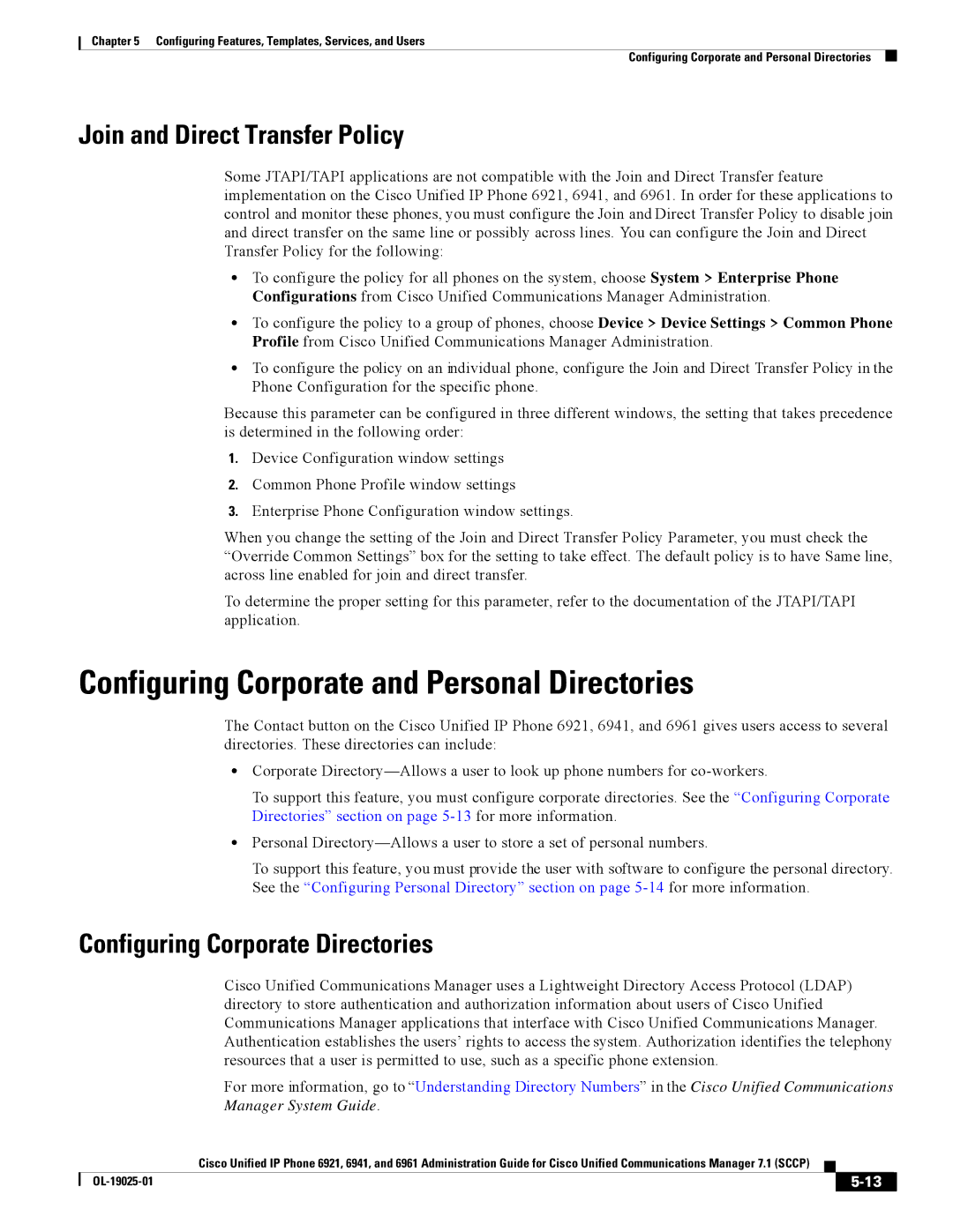 Cisco Systems CP6921CK9 manual Configuring Corporate and Personal Directories, Join and Direct Transfer Policy 