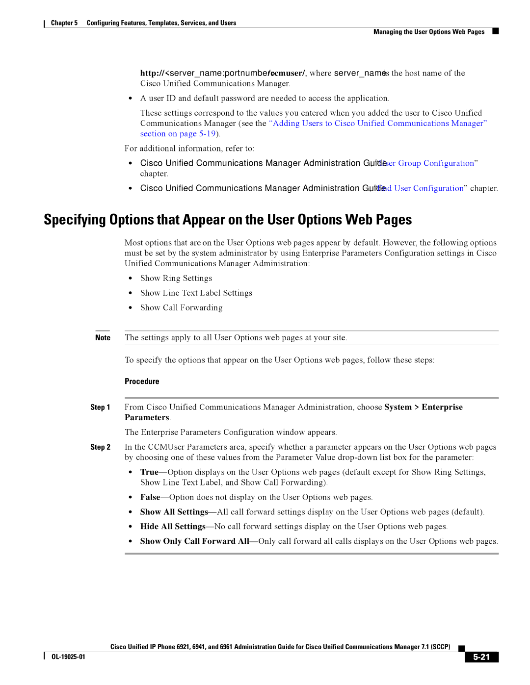 Cisco Systems CP6921CK9 manual Specifying Options that Appear on the User Options Web Pages 
