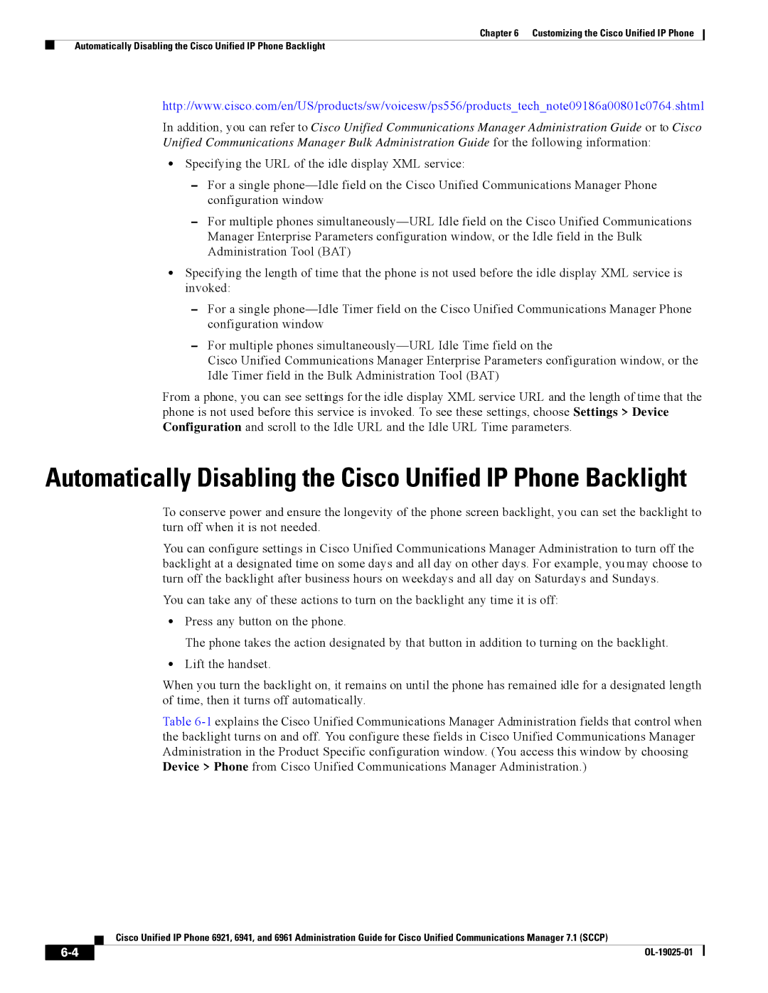 Cisco Systems CP6921CK9 manual Automatically Disabling the Cisco Unified IP Phone Backlight 